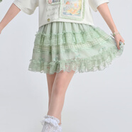 森女部落童話(huà)森林原創(chuàng  )治愈系插畫(huà)短袖T恤圓領(lǐng)花邊小清新上衣閨蜜夏季新款 綠色半裙（單件）（單件） L