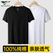 七匹狼短袖T恤男純棉夏季打底衫基礎(chǔ)純色小白T男生運(yùn)動(dòng)汗衫背心 兩件裝V型(白色+黑色) 2XL (180) (建議145-160斤)