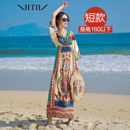 VITIV 香港潮牌泰國民族風(fēng)V領(lǐng)連衣裙 2022春夏新款印花波西米亞法式小眾復(fù)古長裙海邊度假沙灘裙 綠色短款【建議160以下身高】 L 適合體重130斤以下