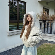 艾珠兒（Aizhuer）國潮原創(chuàng  )座山雕冬季羽絨棉服女短款保暖加厚棉衣毛領(lǐng)棉襖外套女 杏灰色 M