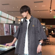 百鵲亭（BAIQUETING）港風(fēng)日系牛仔襯衫男七分袖夏季穿搭痞帥襯衣夏季外套潮牌設計感 K8-W1黑色 M 建議90-110斤