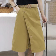 萬(wàn)派摩裙褲春夏寬松五分褲女不規則中長(cháng)款七分假兩件褲裙韓版休閑直筒褲 黃色無(wú)腰帶 S