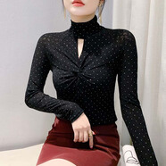 瑤益高領(lǐng)燙鉆蕾絲打底衫女鏤空2025秋冬新款長(cháng)袖淑女格子洋氣上衣襯衫 黑色 S