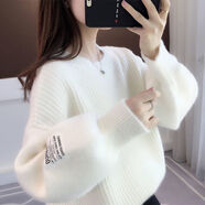 贏鎮(zhèn)慵懶風(fēng)仿水貂絨針織衫毛衣女2024冬新款洋氣內(nèi)搭圓領(lǐng)燈籠袖打底衫 白色 S 建議75-100斤