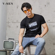 V-MENVMEN威曼潮流黑色T恤短袖男T恤衫夏季新款韓版上衣V022T306 黑色 M