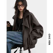 CHIC VEN2025秋季新款重工復(fù)古立領(lǐng)機(jī)車皮衣外套女PU夾克上衣女裝chicven 復(fù)古棕-夾棉款 M