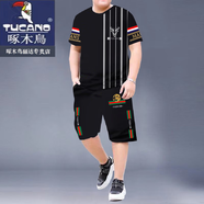 啄木鳥(niǎo)（TUCANO）夏季男裝大碼2024新款套裝歐洲站T恤男士衣服上衣短袖休閑運(yùn)動(dòng)服 鹿頭白色豎條雙短套裝 2XL 145-160斤