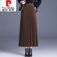 皮爾卡丹（pierre cardin）毛呢半身裙秋冬新款高腰加厚百褶裙a字高腰有口袋裙子垂感大擺裙 咖啡色 (裙長(cháng)85厘米) 均碼 (建議85-145斤)