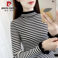 皮爾卡丹半高領(lǐng)毛衣女打底衫秋冬2025年新款荷葉邊內(nèi)搭上衣修身?xiàng)l紋針織衫 黑色 M