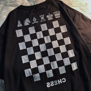 金熊格2024夏季街頭短袖T恤男寬松ins潮牌清新學(xué)院復(fù)古棋盤格上衣體恤女 317-新象棋印花短袖-黑- XL