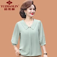 俞兆林（YUZHAOLIN）媽媽裝七分袖翻領(lǐng)上衣寬松顯瘦中老年女中袖T恤色韓版雪紡襯衫 綠色 XL 參考90-105斤