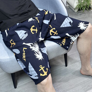 夏季新款男士薄款綿綢褲寬松加大碼家居沙灘褲人造棉睡褲休閑短褲 帆船 2XL 男短褲 110-130斤