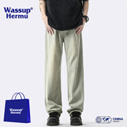 WASSUP HERMU官方牛仔褲男春夏季復(fù)古美式潮牌黃泥染直筒褲水洗做舊休閑長(zhǎng)褲子 泥黃色（冰絲款） XL（推薦130-155斤）