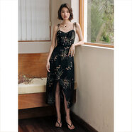 彌古新款黑色碎花吊帶裙法式復古開(kāi)叉連衣裙女v領(lǐng)綁帶雪紡長(cháng)裙夏 風(fēng)信子 風(fēng)信子 S