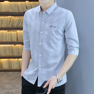 諾貿 夏季新款休閑襯衫男士襯衣輕奢中袖帥氣條紋韓版修身五分袖潮流免燙 8583灰色 L（105-120斤）