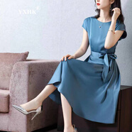 YXHK真絲連衣裙女夏品牌女裝夏季2022新款短袖寬松中長款收腰顯瘦裙子女 天藍色 背后無拉鏈 L 106-118斤