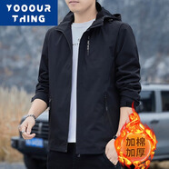 YOOOURTHING男士休閑夾克青年時尚休閑連帽外套男城市輕戶外春秋冬加絨夾克男 MY555黑色 2XL 【建議120-150斤】