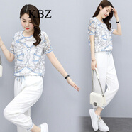 KBZ運(yùn)動(dòng)套裝女 香港潮牌夏季新款休閑碎花上衣韓版減齡職業(yè)兩件套 白色 2XL
