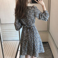 朵蕾汀150小個(gè)子連衣裙春秋氣質(zhì)顯瘦長(cháng)袖內搭雪紡碎花裙子 藍色 S