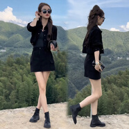 尤柯鳥 YOEKBIRD今年流行漂亮?xí)r尚套裝女早春秋季新款穿搭小個(gè)子高腰短裙子兩件套 黑色套裝【春裝搭配-整套時(shí)尚/干 S(80-95斤)