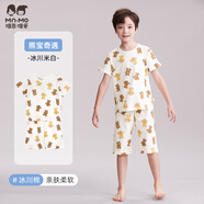 瑁恩·瑁愛（Mn·Mo）男童純棉睡衣薄款短袖家居服套裝兒童夏季寶寶全棉空調(diào)服 熊寶奇遇(冰川米白) 130 碼適合身高約120cm