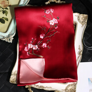 吳蠶里 真絲絲巾女士手工蘇繡梅花送媽媽外搭旗袍披肩刺繡圍巾禮盒裝 憶梅-酒紅