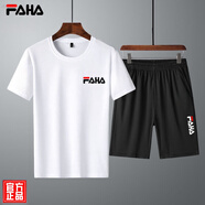 FAHA輕奢品牌短袖T恤男運動套裝男士春夏新款寬松跑步短褲運動褲男裝 小F白色短 XL（建議155-170斤）