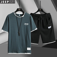 JEEP SPIRIT吉普男裝短袖t恤男運(yùn)動(dòng)休閑套裝夏季男士半袖短褲兩件套半截袖五 牛仔藍(lán)-黑白 L (115斤-130斤)