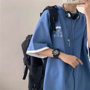毅訫假兩件短袖男生百搭夏季t恤情侶純棉寬松半袖衣服潮牌五分半截袖 藍(lán)色 M 建議80-105斤