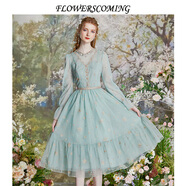 flowerscoming2024春季新款法式復古V領(lǐng)刺繡網(wǎng)紗連衣裙女高腰顯瘦中長(cháng)款公主裙 綠色 S