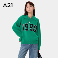 A21韓版少女休閑簡(jiǎn)約針織開(kāi)衫復古潮流字母翻領(lǐng)長(cháng)袖寬松上衣潮ins 翠綠 L