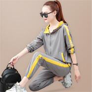 KBZ 運動(dòng)套裝女 香港潮牌新款時(shí)尚女裝寬松連帽拼色衛衣跑步兩件套潮 灰色 L (適合100斤-110斤