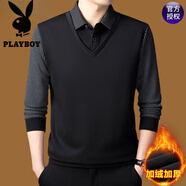 花花公子（PLAYBOY）品牌商務(wù)休閑高檔衛(wèi)衣秋冬季加絨加厚假兩件POLO衫打底衫上衣男 2599黑色 加絨 L 170推薦120-135斤