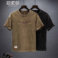 歐索狼夏季復(fù)古輕奢高街潮牌重磅純棉短袖t恤男士寬松大碼美式胖子體恤 黃色 XL （175斤左右）