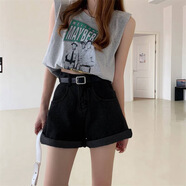 瑟空（SEKONG）2025夏新款女牛仔短褲子闊腿翻邊破洞熱褲小個(gè)子高腰顯瘦短褲HNF 608黑色 L