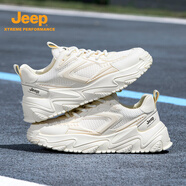 Jeep吉普男鞋2024夏季新款網(wǎng)面透氣情侶運(yùn)動跑步鞋厚底增高休閑鞋子男 米白色（女款35-40碼） 35