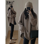 艾珠兒（Aizhuer）針織衫女2024年秋冬季時尚外穿中長款日系慵懶復(fù)古開叉毛衣女加厚 咖色 均碼（建議80-140斤）