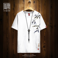 嘯都潮牌短袖國潮中國風(fēng)漸變色竹子刺繡短袖T恤 男小眾設計感體恤半袖 白色 XL