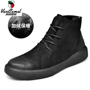 西域駱駝（VANCAMEL）男秋冬牛皮戶外休閑高幫皮鞋軟底百搭復(fù)古工裝棉鞋 黑色（加絨款） 38