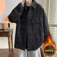 百鵲亭毛呢外套男2025秋冬季高級感格子襯衫外套男寬松加絨翻領(lǐng)夾克男 3301黑色 【加絨款  面料升級】 2XL