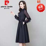 皮爾卡丹（pierre cardin）官方品牌 媽I媽酒紅色長袖連衣裙子2023年春秋冬季新款高端喜婆婆 藏藍(lán)色 XL (適合116-125斤)