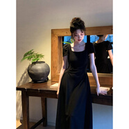 GARNUO白色短袖連衣裙子女夏季茶歇法式小個子高級感收腰顯瘦小白裙長裙 黑色【短袖長款】 M【111-120】