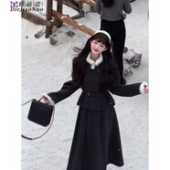 蝶嬌諾（DIEJIAONUO）連衣裙女裝2025年春季新款韓系小香風(fēng)千金感氛圍感穿搭女套裝復(fù)古 黑灰套裝+腰帶 S