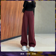 TAGD輕奢高端品牌 時(shí)尚休閑褲女2025春秋新款高腰顯瘦運動(dòng)夏季闊腿褲 酒紅色  加絨 L