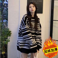 衣彩灣青少年初中高中女生冬季加絨毛衣冬天條紋加厚學生圓領(lǐng) 黑色 【條紋圓點加絨款 M 80-100斤