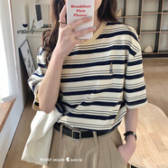 詩(shī)婭達（SHIYADA）港風(fēng)復古條紋短袖t恤女夏季2025新款寬松純棉刺繡休閑半袖體恤 杏色條紋 L 建議105-120斤