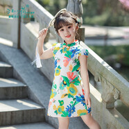 汪小荷童裝夏季新款改良旗袍薄款兒童中國風(fēng)碎花連衣裙 花染（向日葵） 130