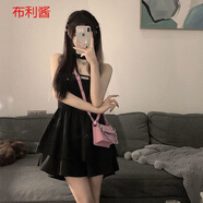 麥叢 欲辣妹風夏季新款蝴蝶結蓬蓬裙掛脖抹胸性感連衣裙女小黑裙 黑色 M   建議95-110斤