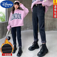 迪士尼（DISNEY）女童加絨褲子冬季外穿新款洋氣長(cháng)褲女大童加厚一體絨牛仔褲兒童裝 加絨老爹庫黑色 （棉） 170