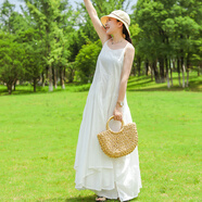 亂在江南海灘度假休閑木耳花邊棉質(zhì)吊帶長(cháng)裙純色簡(jiǎn)約夏季飄逸連衣裙 白色 均碼